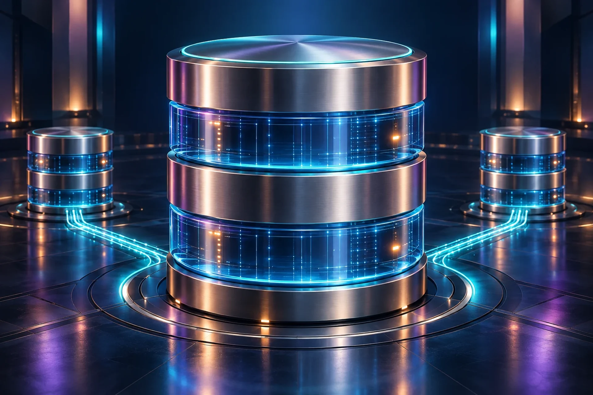 Banco de dados em destaque, com camadas de armazenamento conectadas